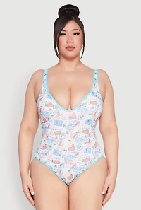 Womens Plus Size Tropical Stamp Print One Piece Swimsuit, Multi, Size 1X