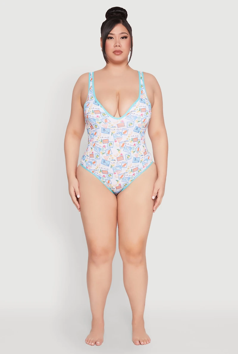 Womens Plus Size Tropical Stamp Print One Piece Swimsuit, Multi, Size 1X