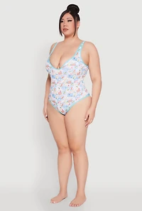 Womens Plus Size Tropical Stamp Print One Piece Swimsuit, Multi, Size 1X