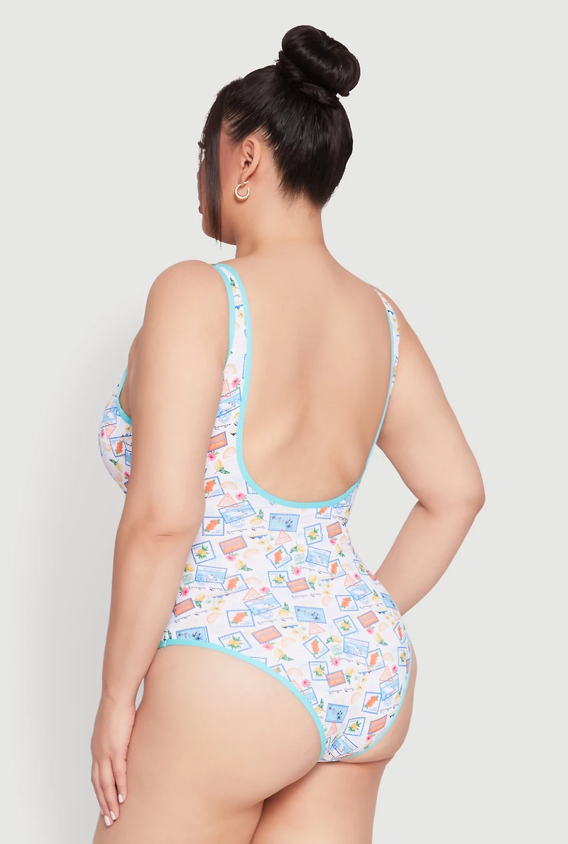 Womens Plus Size Tropical Stamp Print One Piece Swimsuit, Multi, Size 1X
