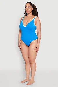 Womens Plus Size Plunge Contrast Trim Swimsuit, Blue, Size 1X