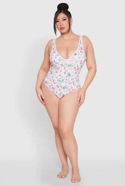 Womens Plus Size Palm Tree Tropical Print One Piece Swimsuit, Multi, Size 1X