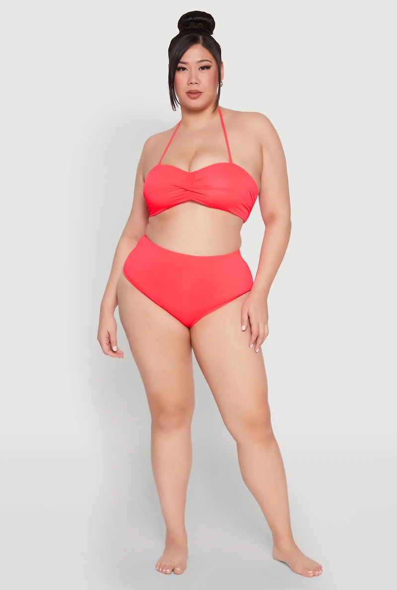 Womens Plus Size High Waist Swim Bikini Bottoms, Red, Size 2X