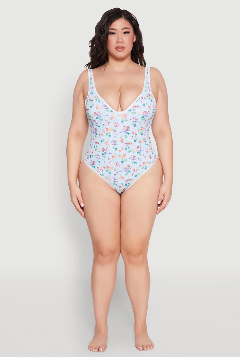 Womens Plus Size Gingham Island Print One Piece Swimsuit, Multi, Size 1X