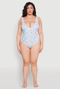 Womens Plus Size Gingham Island Print One Piece Swimsuit, Multi, Size 1X
