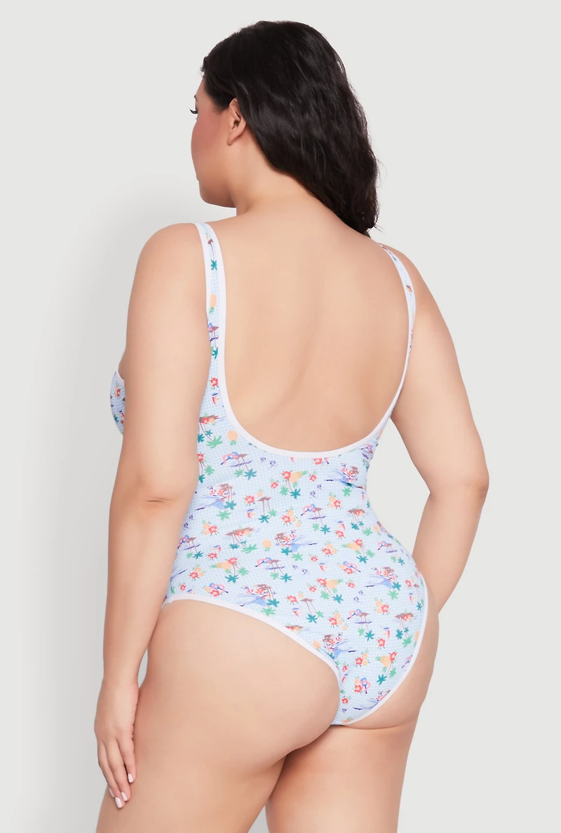 Womens Plus Size Gingham Island Print One Piece Swimsuit, Multi, Size 1X