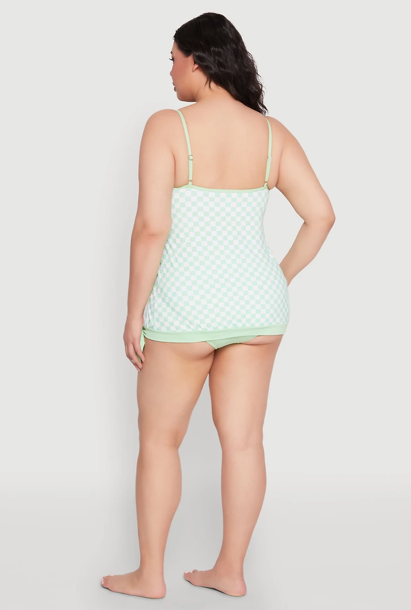 Plus Printed Tankini and Bikini Bottoms Set