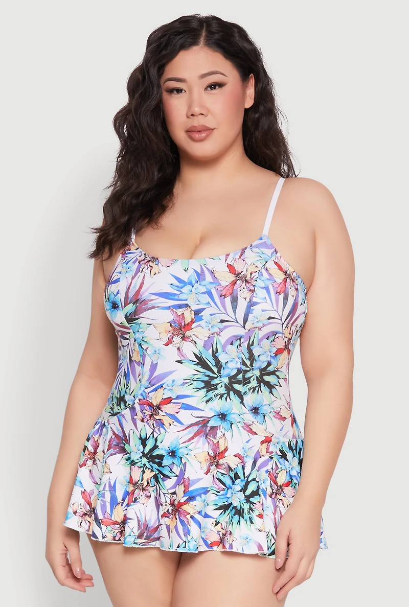 Plus Tropical Floral Print Swim Dress