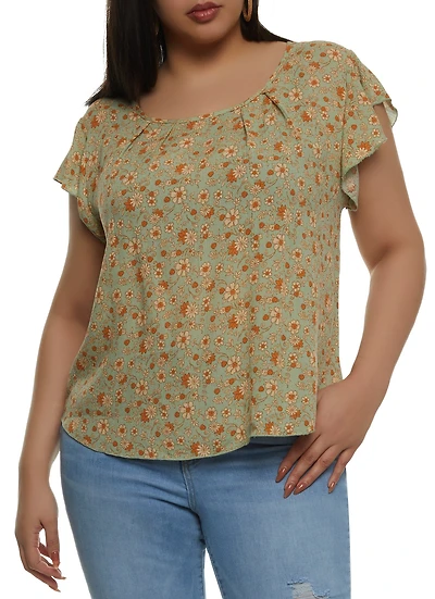 Plus Floral Flutter Sleeve Tie Back Blouse