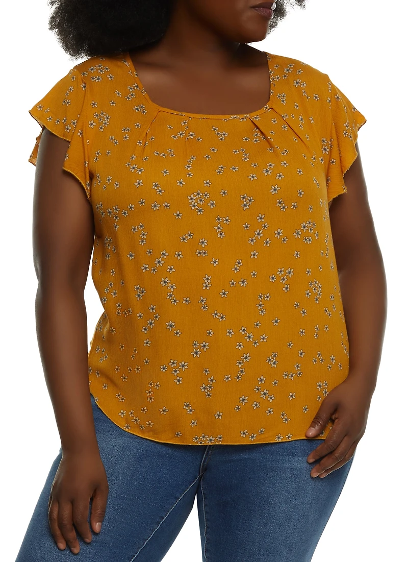 Plus Floral Flutter Sleeve Tie Back Blouse