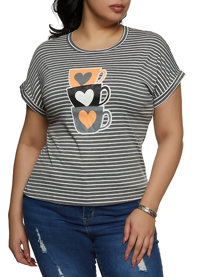 Plus Heart Mug Graphic Striped Tee