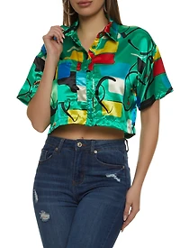 Satin Mixed Print Cropped Shirt