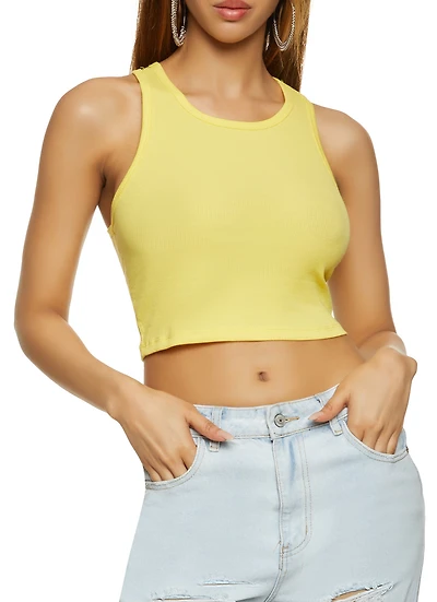 Womens Ribbed Racerback Cropped Tank Top, Yellow, Size L