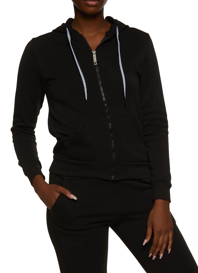 Solid Fleece Zip Front Hooded Sweatshirt