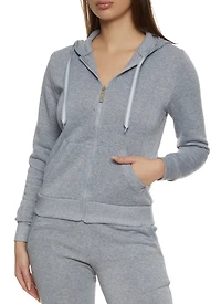 Solid Fleece Zip Front Hooded Sweatshirt