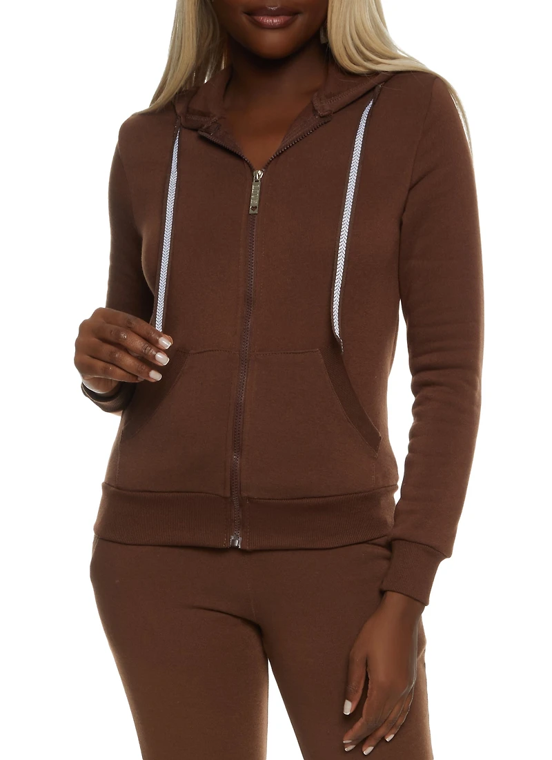 Solid Fleece Zip Front Hooded Sweatshirt