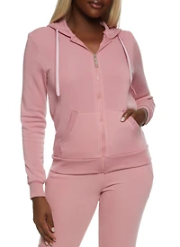 Solid Fleece Zip Front Hooded Sweatshirt