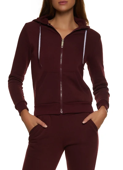 Solid Fleece Zip Front Hooded Sweatshirt
