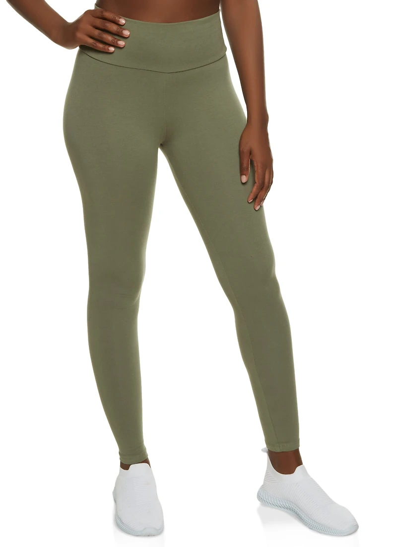 Womens Solid Wide Waist Leggings, Green,