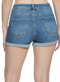 Womens WAX Rolled Cuff Distressed Denim Shorts, Blue, Size S