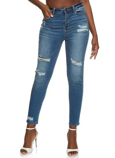Womens WAX High Waisted Distressed Skinny Jeans, Blue,