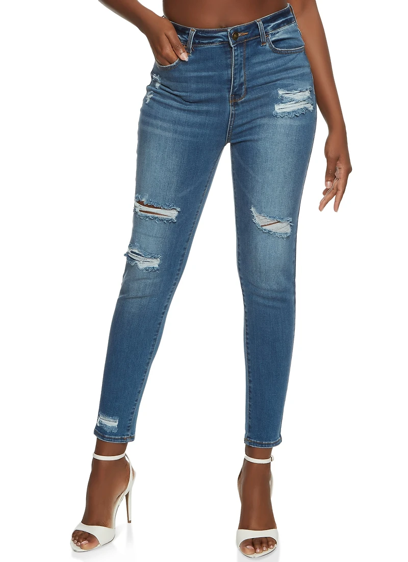 Womens WAX High Waisted Distressed Skinny Jeans, Blue,