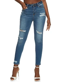 Womens WAX High Waisted Distressed Skinny Jeans, Blue,