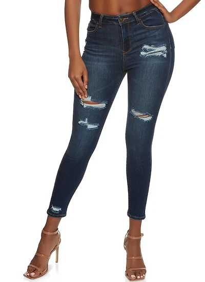 Womens WAX High Waisted Distressed Skinny Jeans, Blue,