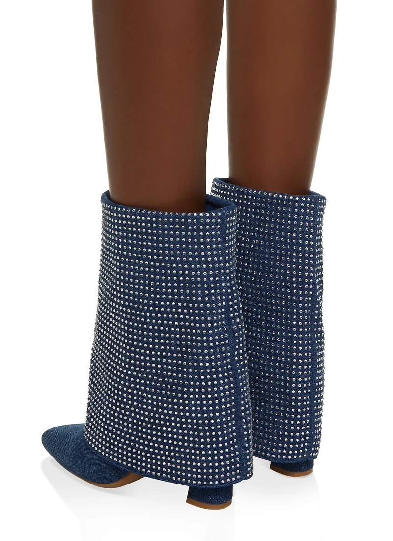 Rhinestone Denim Mid Calf Fold Over Boots