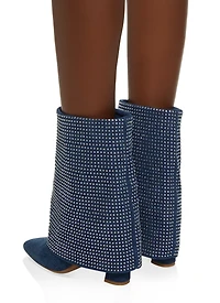Rhinestone Denim Mid Calf Fold Over Boots