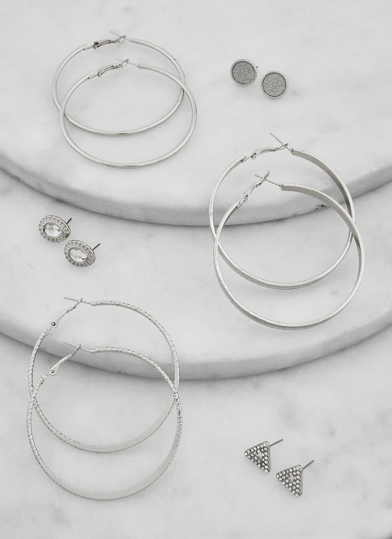 Set of 6 Rhinestone Stud and Hoop Earrings