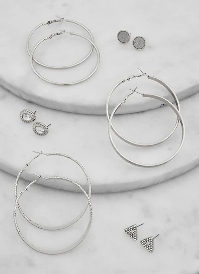 Set of 6 Rhinestone Stud and Hoop Earrings