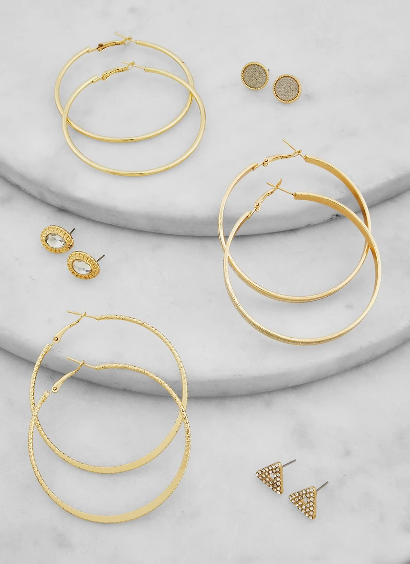 Womens Set of 6 Rhinestone Stud and Hoop Earrings, Gold