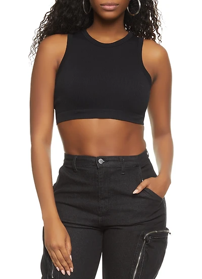 Womens Ribbed High Neck Seamless Tank Top, S-M