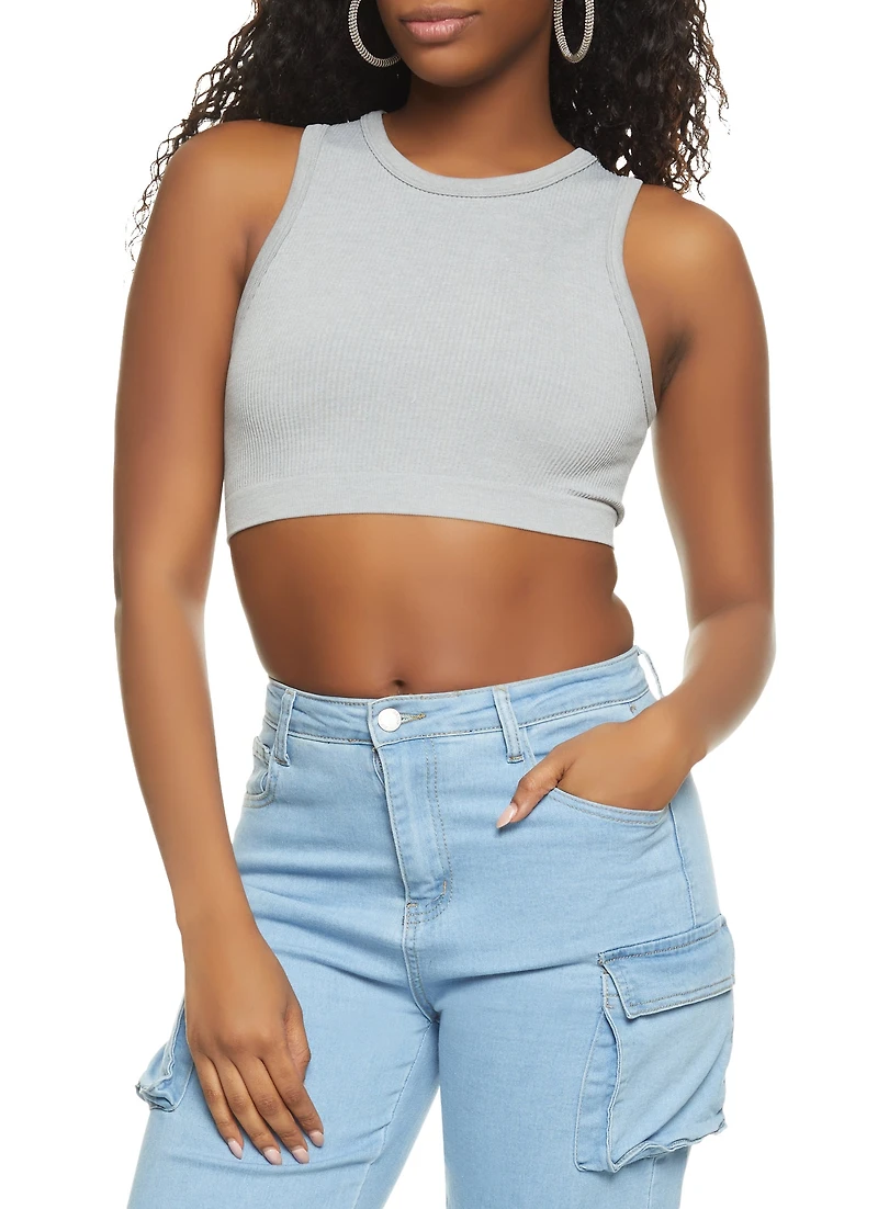 Womens Ribbed High Neck Seamless Tank Top, S-M