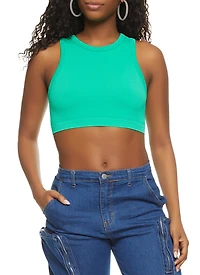 Womens Ribbed High Neck Seamless Tank Top, Green,