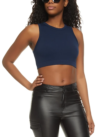 Womens Ribbed High Neck Seamless Tank Top, M-L