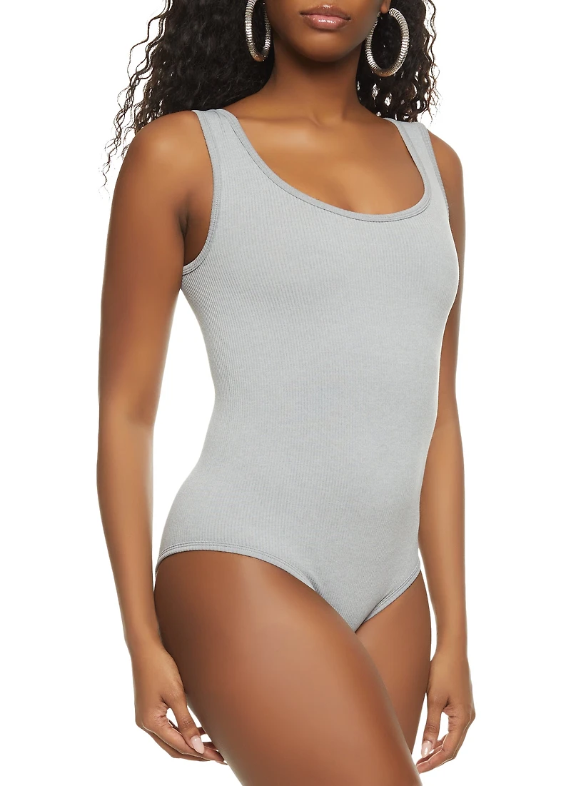 Womens Ribbed Knit Seamless Scoop Neck Sleeveless Bodysuit, Grey, Size M-L