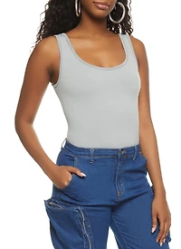 Womens Ribbed Knit Seamless Scoop Neck Sleeveless Bodysuit, Grey, Size M-L