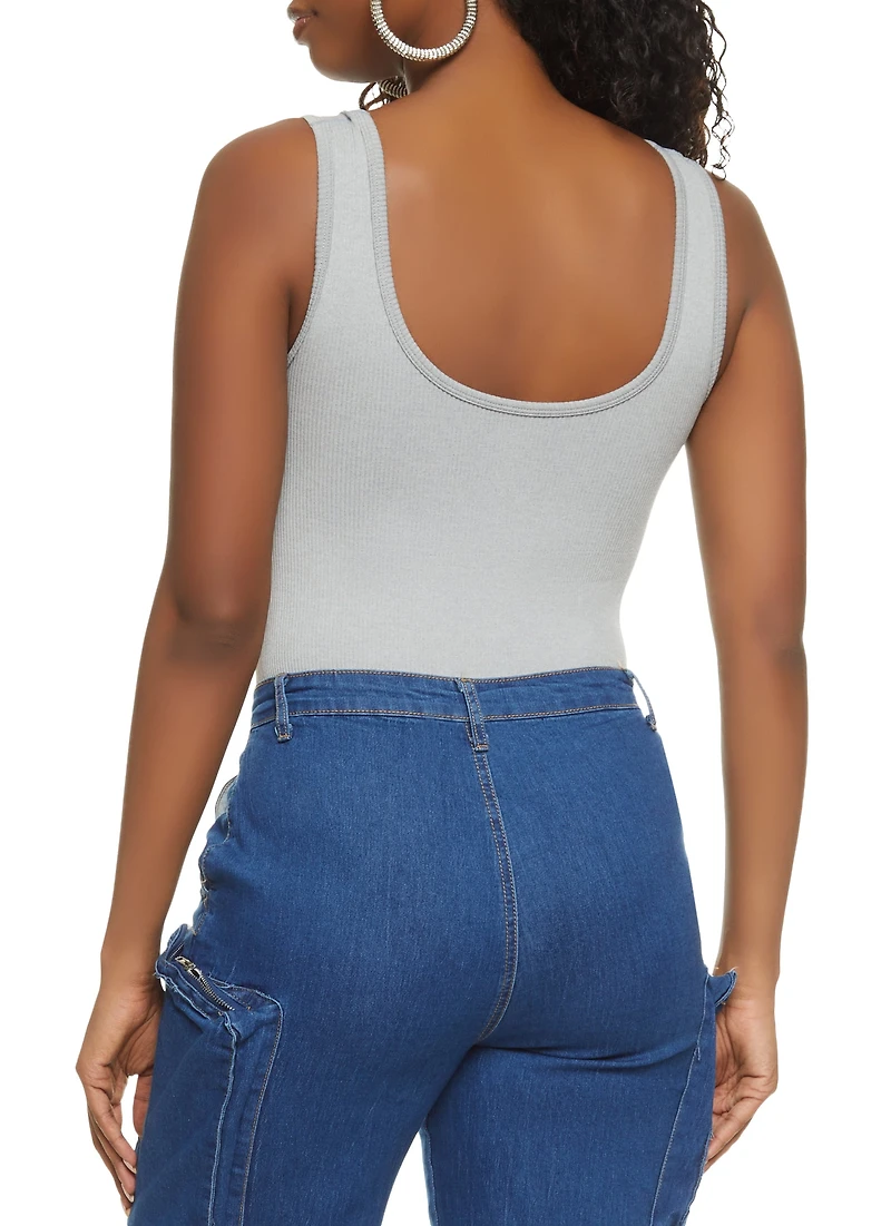Womens Ribbed Knit Seamless Scoop Neck Sleeveless Bodysuit, Grey, Size M-L