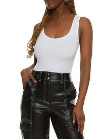 Womens Ribbed Knit Seamless Scoop Neck Sleeveless Bodysuit, White, Size S-M
