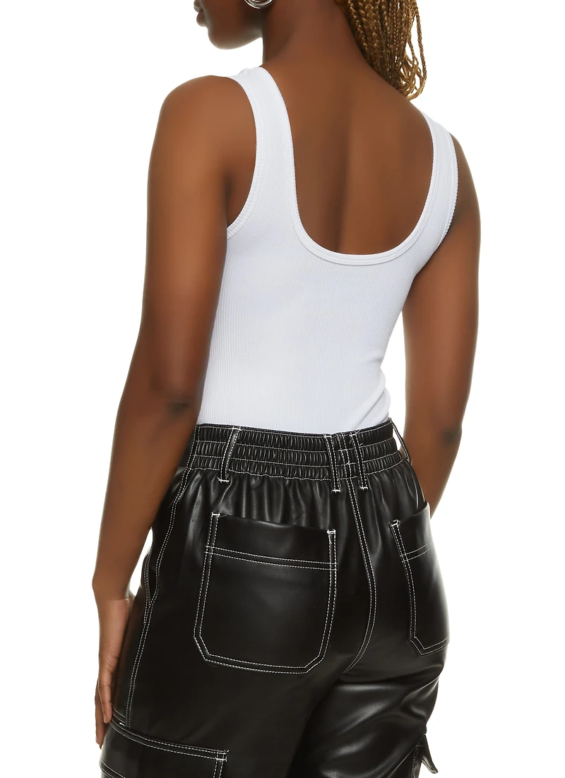 Womens Ribbed Knit Seamless Scoop Neck Sleeveless Bodysuit, White, Size S-M