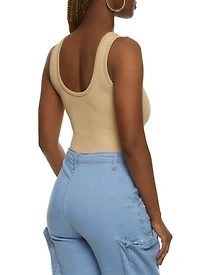 Womens Ribbed Knit Seamless Scoop Neck Sleeveless Bodysuit, Beige, Size S-M