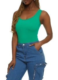 Womens Ribbed Knit Seamless Scoop Neck Sleeveless Bodysuit, Green, Size M-L