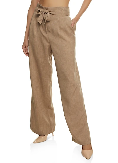 Trendy Paper Bag Waist Linen Wide Leg Pants