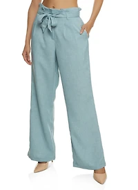 Trendy Paper Bag Waist Linen Wide Leg Pants