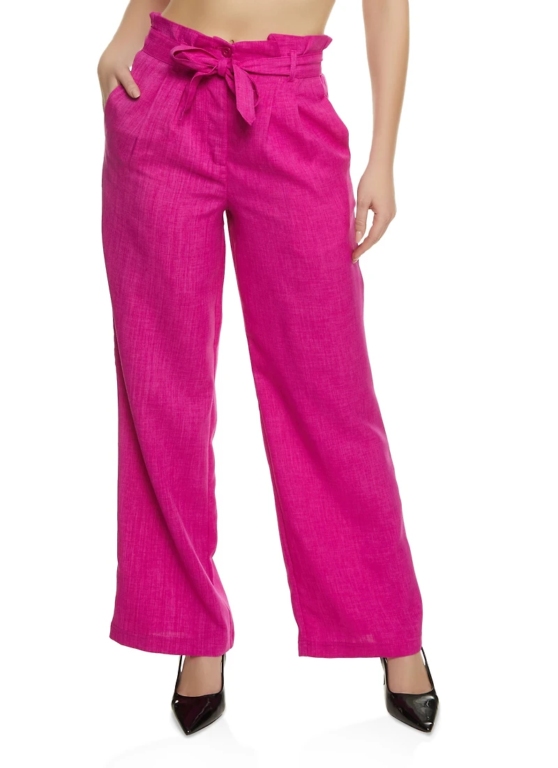 Trendy Paper Bag Waist Linen Wide Leg Pants