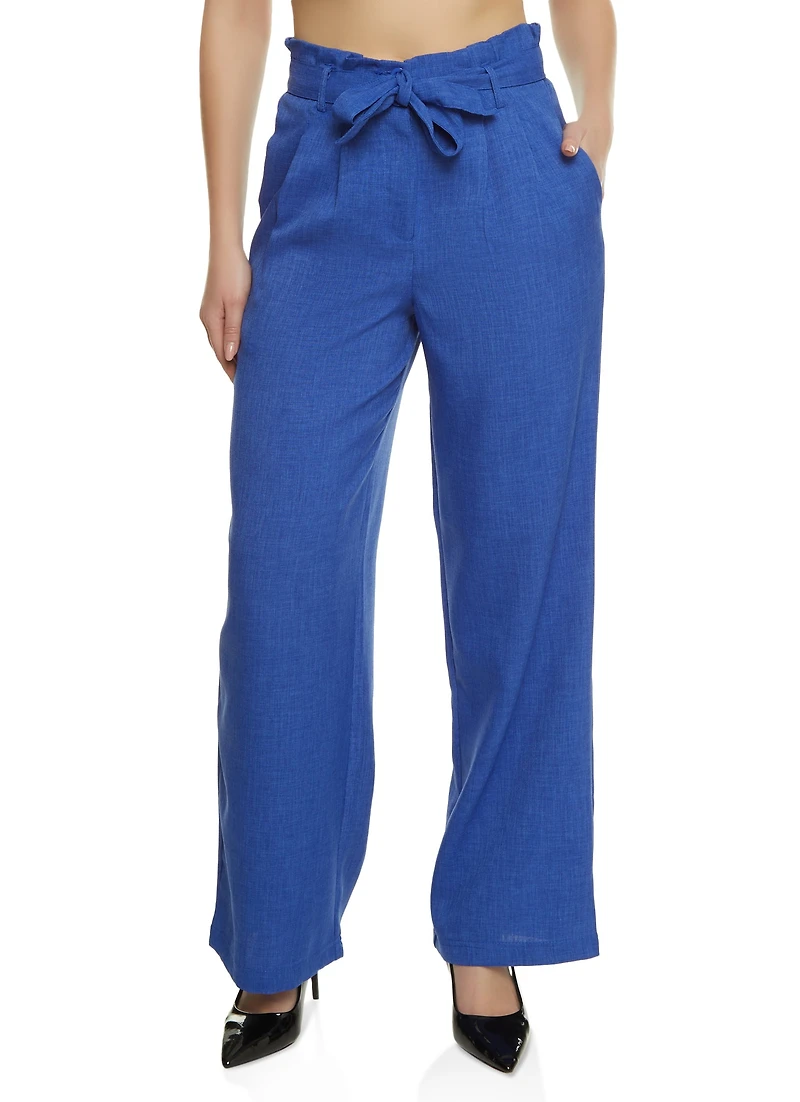 Trendy Paper Bag Waist Linen Wide Leg Pants