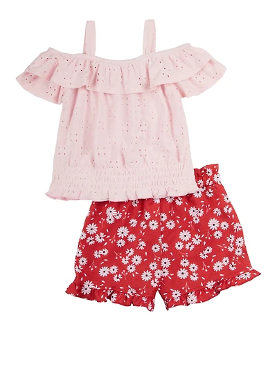 Toddler Girls Eyelet Cold Shoulder Top and Daisy Print Shorts