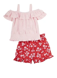 Toddler Girls Eyelet Cold Shoulder Top and Daisy Print Shorts